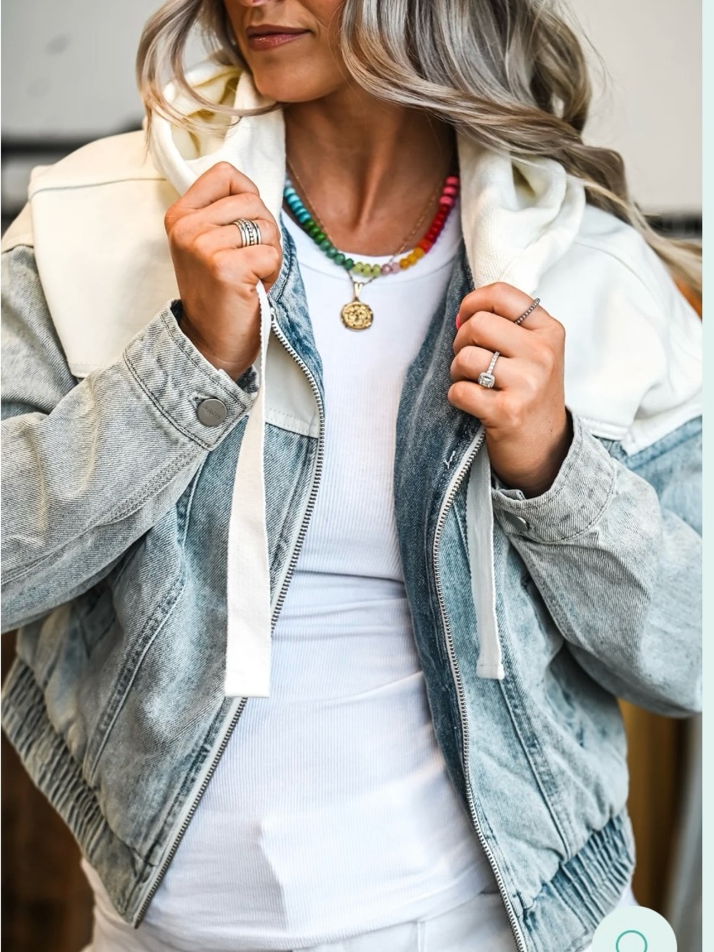 NWT RISEN Washed Gray & Cream Hooded Bomber Jacket - Picture 2 of 6
